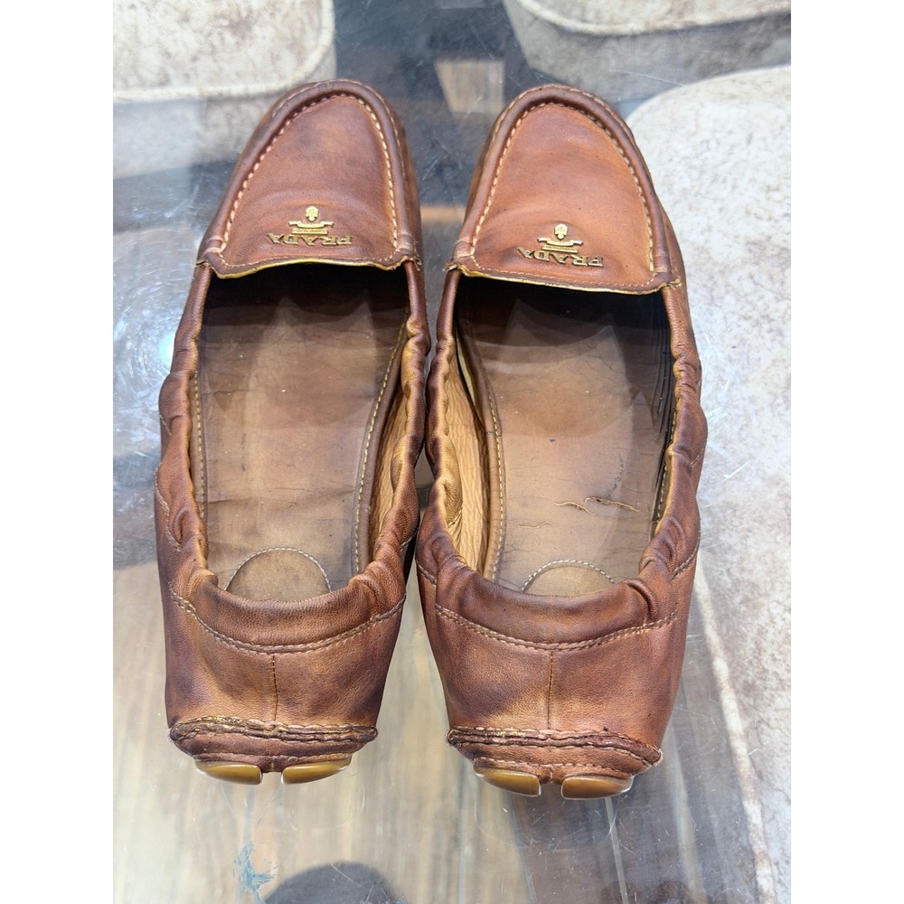 Prada Brown Leather Elastic Driving Loafers Gold Logo Flats 1DD030 Size 40 - Picture 6 of 8